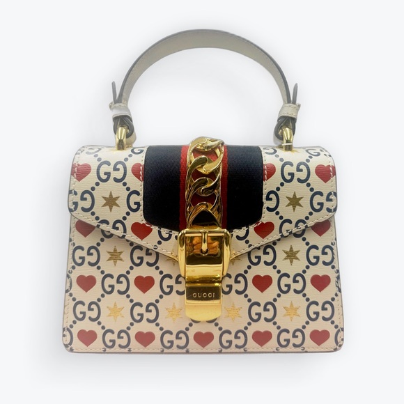 Auth Gucci White Leather Top Handle Ltd Edition Sylvie Heart GG Monogram Handbag - Picture 3 of 16